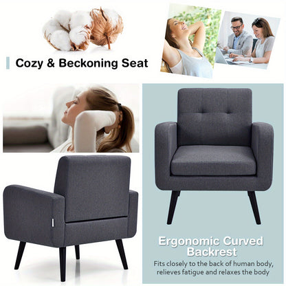 Fauteuil – Stoel – Accentstoel – Zetel – Loungefauteuil – Mid Century Modern – Rubberen Houten Poten – Ademend Linnen Bekleding – Comfortabel Design – Grijs