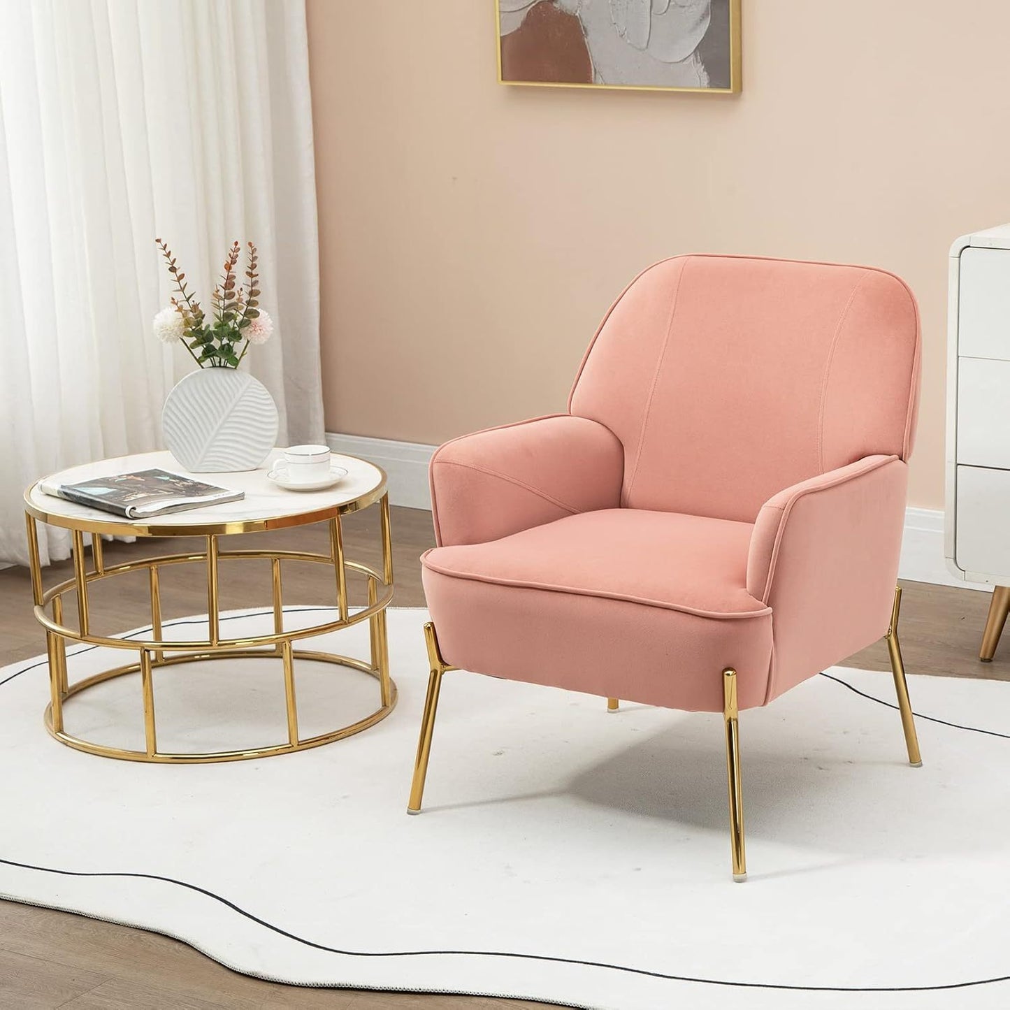 Velzetel – Lounge Chair – Fauteuil – Sofa Stoel – Relaxstoel – Zacht Roze Velvet – Hoogwaardig Schuim – Gouden Poten