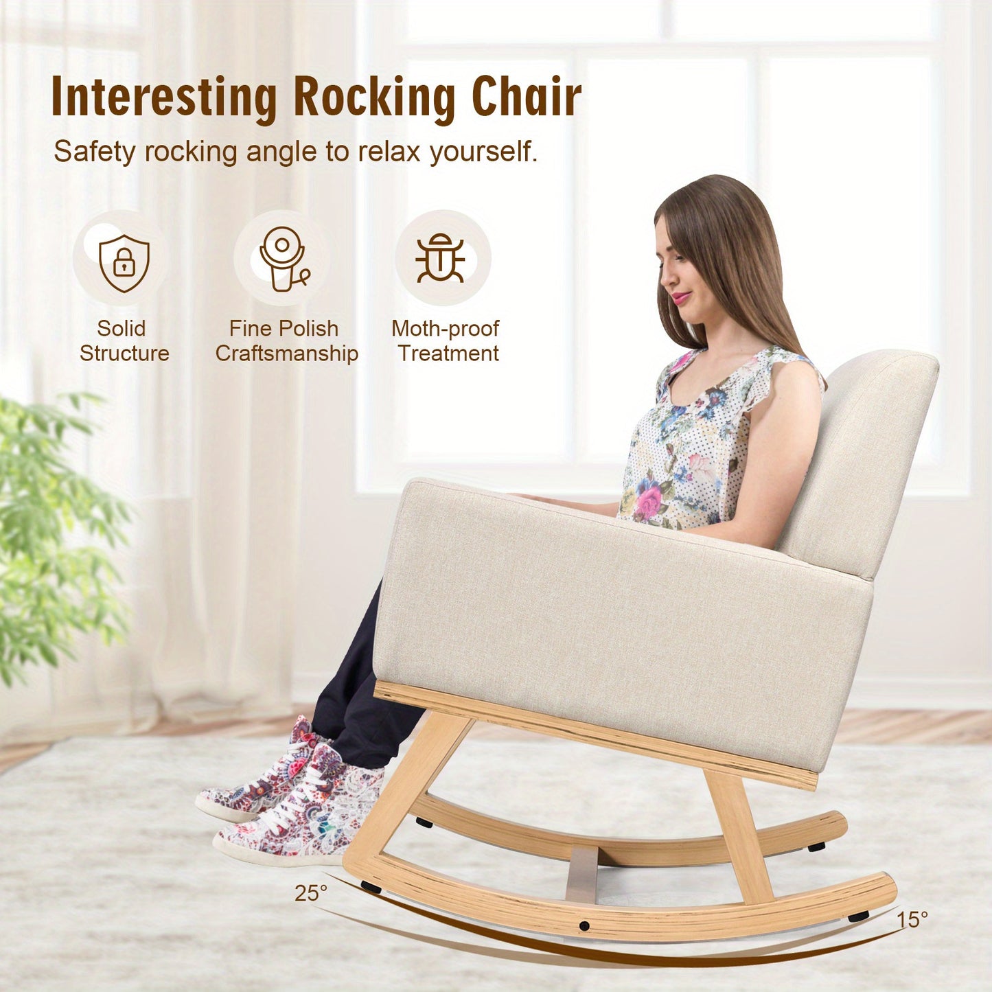 Schommelstoel – Relaxstoel – Fauteuil – Voedingsstoel – Loungestoel – Zacht Gestoffeerd – Massief Houten Onderstel – Ergonomisch Design – Hoog Zitcomfort