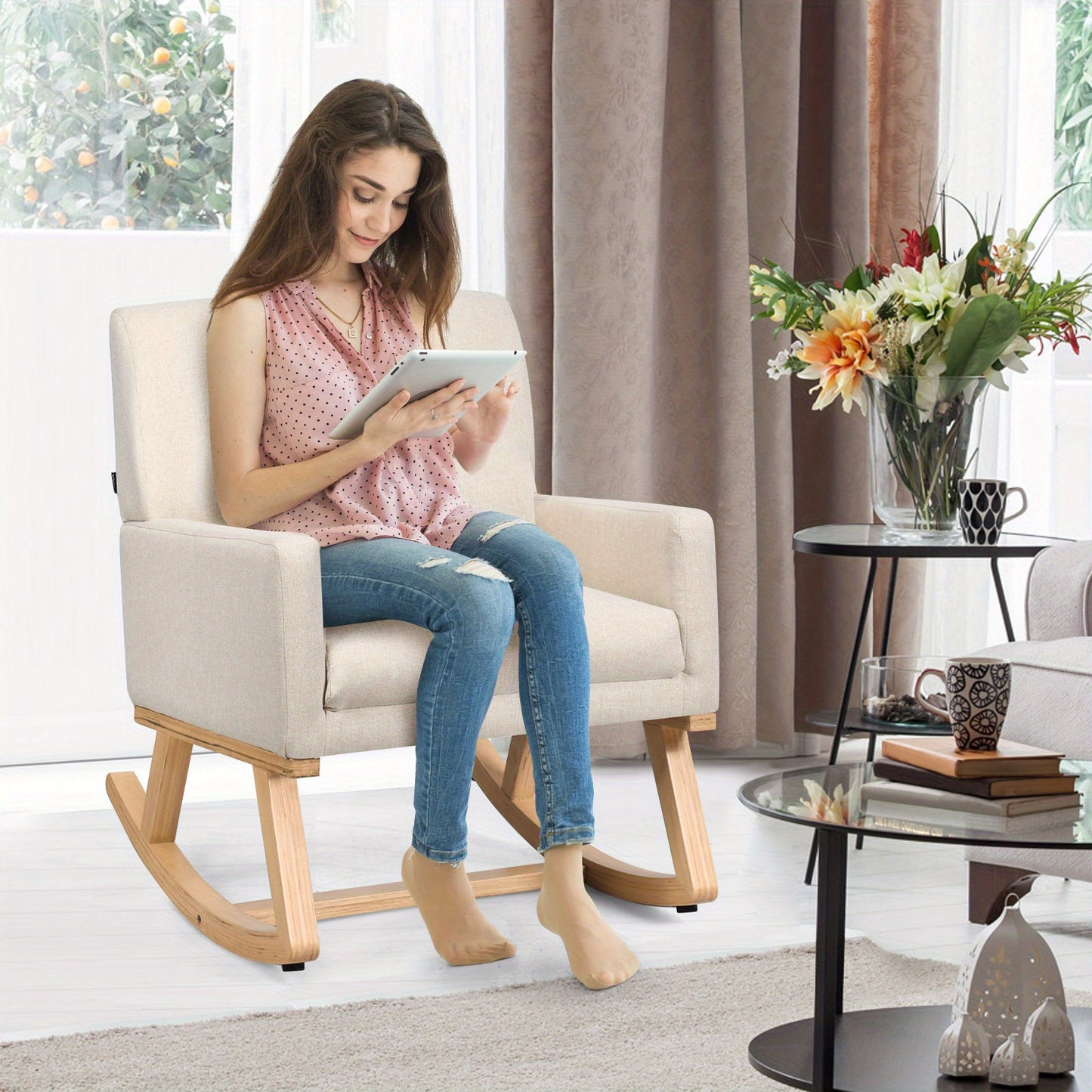 Schommelstoel – Relaxstoel – Fauteuil – Voedingsstoel – Loungestoel – Zacht Gestoffeerd – Massief Houten Onderstel – Ergonomisch Design – Hoog Zitcomfort
