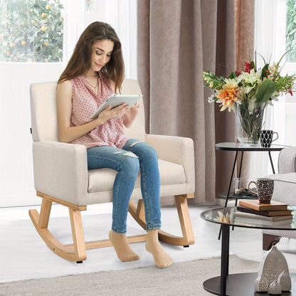 Schommelstoel – Relaxstoel – Fauteuil – Voedingsstoel – Loungestoel – Zacht Gestoffeerd – Massief Houten Onderstel – Ergonomisch Design – Hoog Zitcomfort