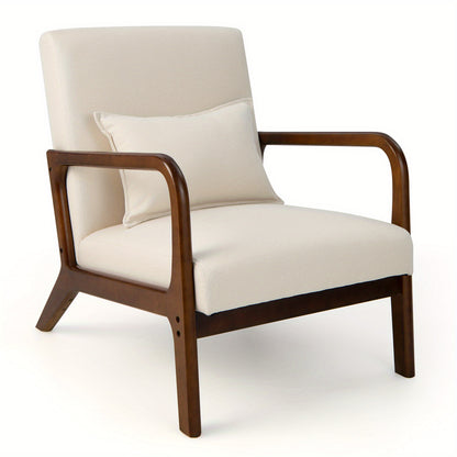 Accentstoel – Fauteuil – Relaxstoel – Lounge Chair – Leunstoel – Met Lendenkussen – Rubberhouten Frame – Beige – Ergonomische Rugleuning – Zachte Schuimzitting