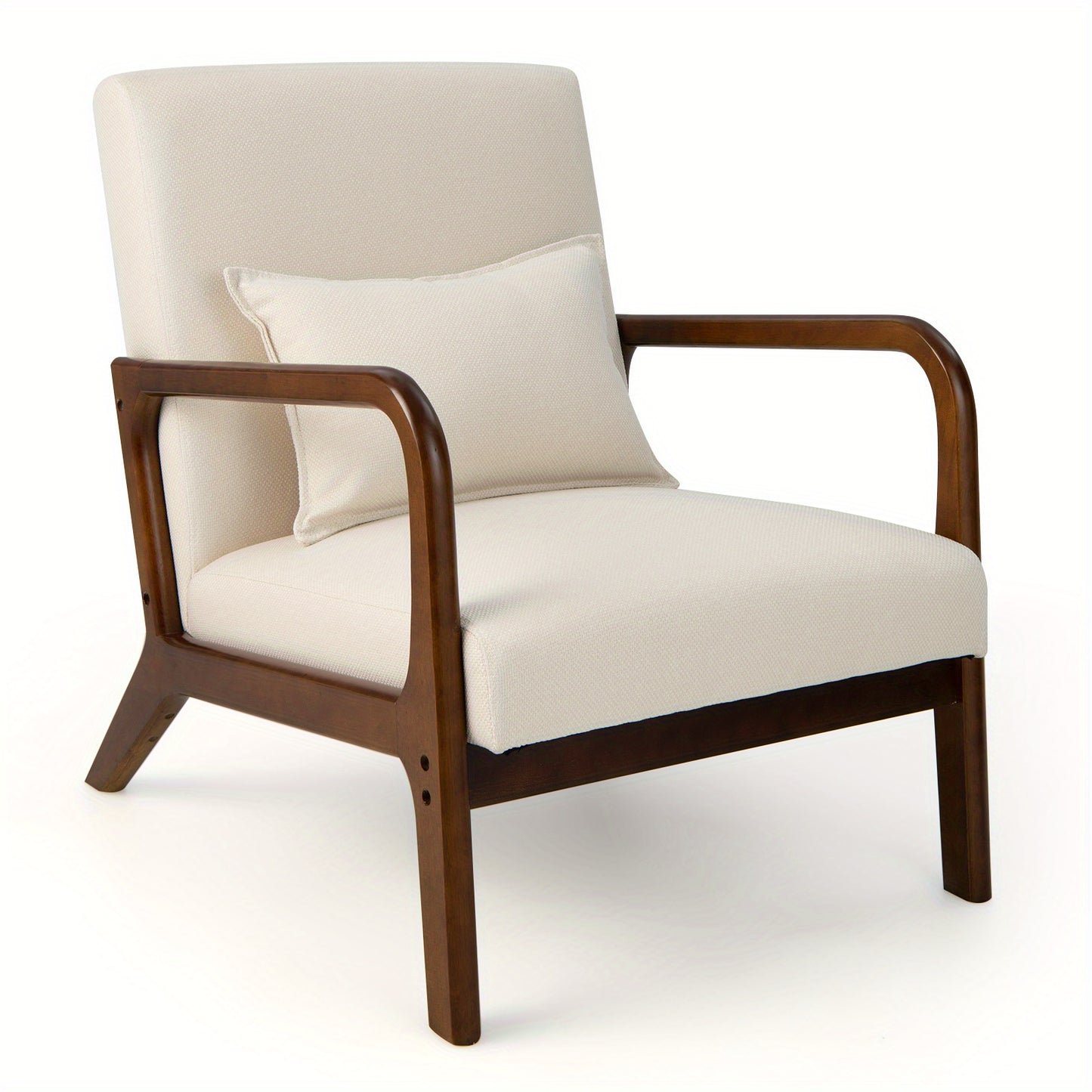 Accentstoel – Fauteuil – Relaxstoel – Lounge Chair – Leunstoel – Met Lendenkussen – Rubberhouten Frame – Beige – Ergonomische Rugleuning – Zachte Schuimzitting