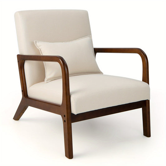 Accentstoel – Fauteuil – Relaxstoel – Lounge Chair – Leunstoel – Met Lendenkussen – Rubberhouten Frame – Beige – Ergonomische Rugleuning – Zachte Schuimzitting
