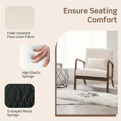 Accentstoel – Fauteuil – Relaxstoel – Lounge Chair – Leunstoel – Met Lendenkussen – Rubberhouten Frame – Beige – Ergonomische Rugleuning – Zachte Schuimzitting