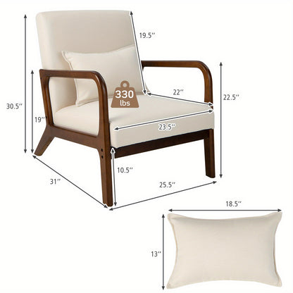 Accentstoel – Fauteuil – Relaxstoel – Lounge Chair – Leunstoel – Met Lendenkussen – Rubberhouten Frame – Beige – Ergonomische Rugleuning – Zachte Schuimzitting
