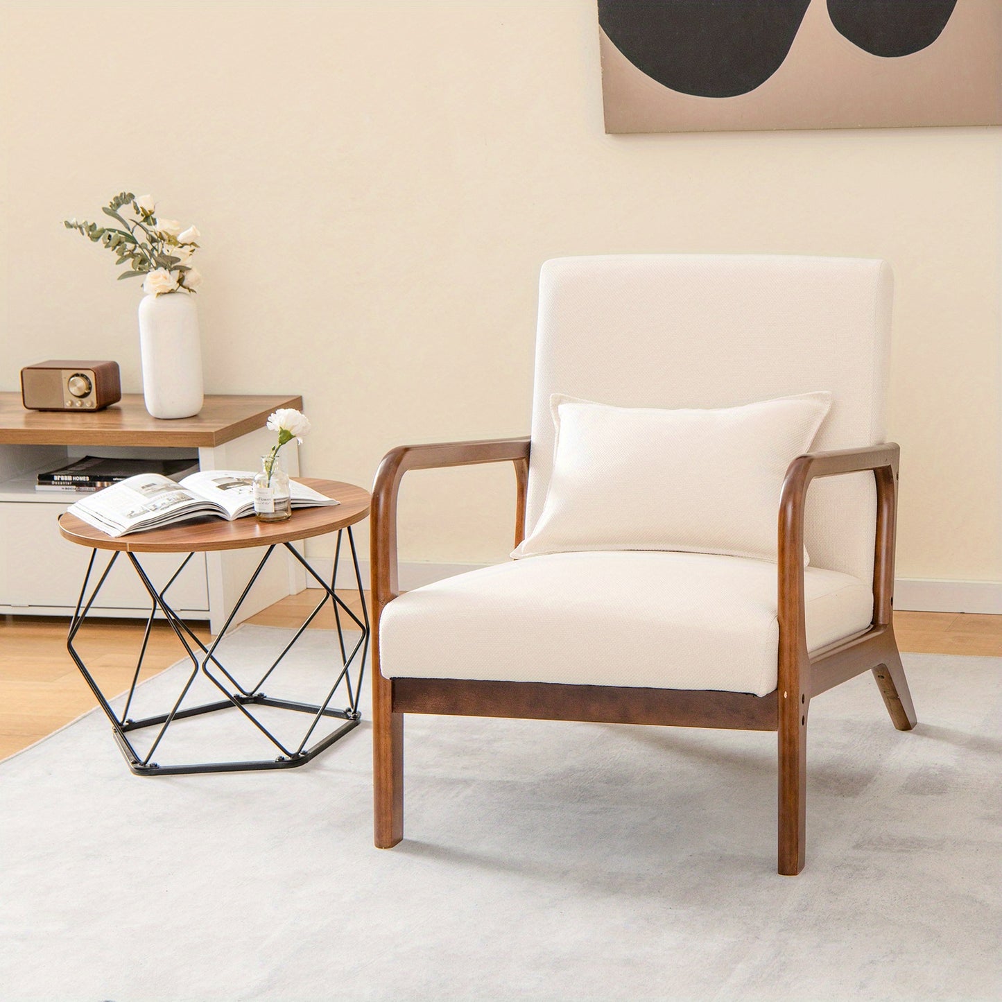Accentstoel – Fauteuil – Relaxstoel – Lounge Chair – Leunstoel – Met Lendenkussen – Rubberhouten Frame – Beige – Ergonomische Rugleuning – Zachte Schuimzitting