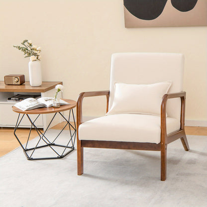 Accentstoel – Fauteuil – Relaxstoel – Lounge Chair – Leunstoel – Met Lendenkussen – Rubberhouten Frame – Beige – Ergonomische Rugleuning – Zachte Schuimzitting