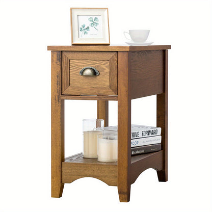 Kleine Bijzettafel – Nachttafel – Sofa Tafel – Koffietafel – Smalle Opbergtafel – 2-laags Met Lade En Open Plank – Compact 56x33x58,5 cm – MDF En Rubberhout
