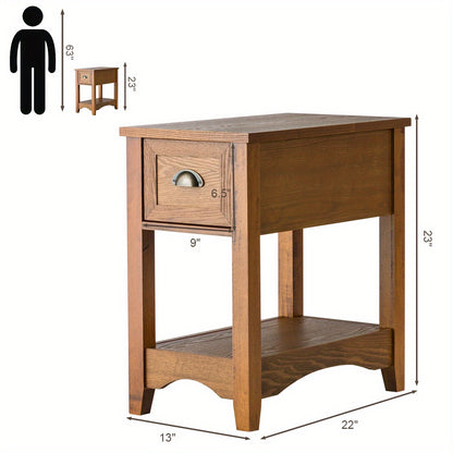 Kleine Bijzettafel – Nachttafel – Sofa Tafel – Koffietafel – Smalle Opbergtafel – 2-laags Met Lade En Open Plank – Compact 56x33x58,5 cm – MDF En Rubberhout