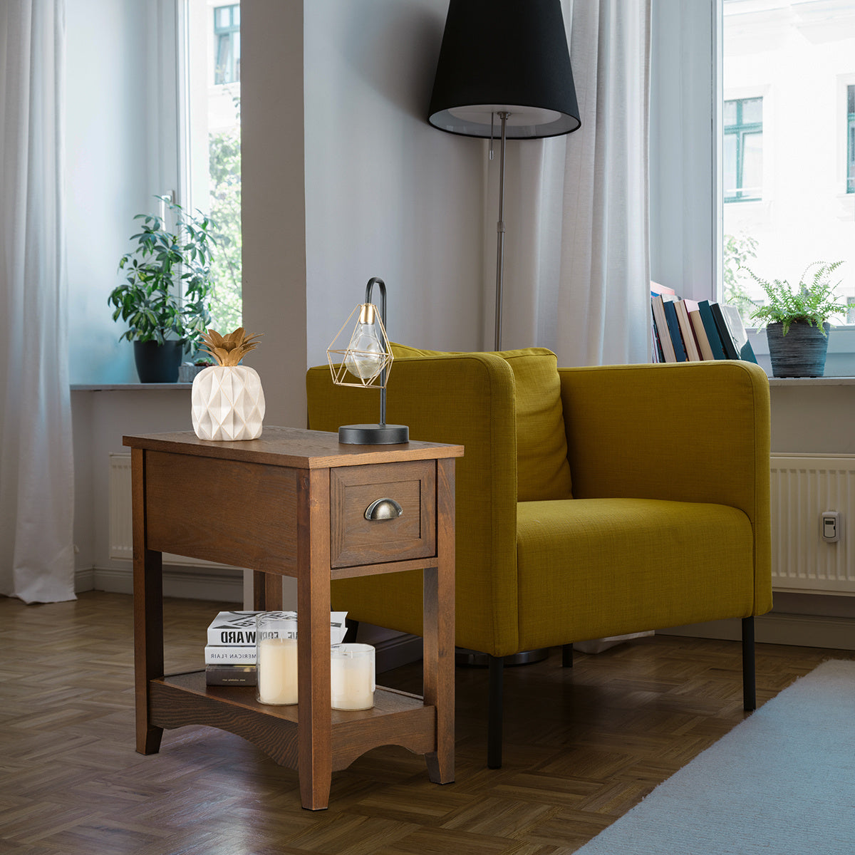 Kleine Bijzettafel – Nachttafel – Sofa Tafel – Koffietafel – Smalle Opbergtafel – 2-laags Met Lade En Open Plank – Compact 56x33x58,5 cm – MDF En Rubberhout