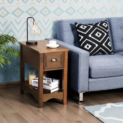 Kleine Bijzettafel – Nachttafel – Sofa Tafel – Koffietafel – Smalle Opbergtafel – 2-laags Met Lade En Open Plank – Compact 56x33x58,5 cm – MDF En Rubberhout