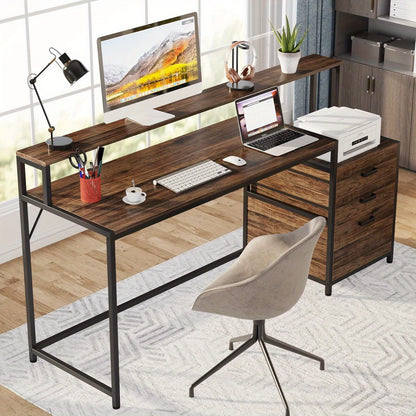 Ergonomisch Thuiswerkbureau – Bureau – Computerbureau – Werkplek – Schrijftafel – Rustic Brown – Met Monitorverhoger – 160 cm Breed – Stabiel Hout & Staal – 3 Lades en Ruime Opbergruimte