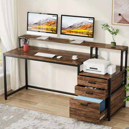 Bureau – Bureautafel – Computertafel – Werkplekmeubel – Thuiswerkplek – Ergonomisch Met Verhoogde Monitorstandaard – Vintage Industrieel Hout Met Opbergruimte