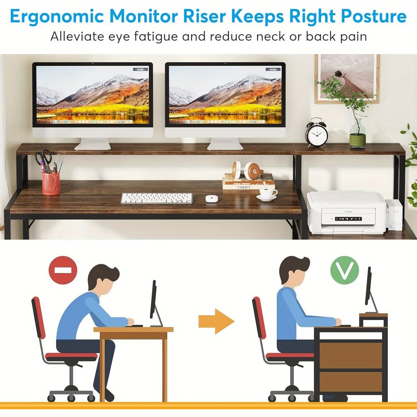 Ergonomisch Thuiswerkbureau – Bureau – Computerbureau – Werkplek – Schrijftafel – Rustic Brown – Met Monitorverhoger – 160 cm Breed – Stabiel Hout & Staal – 3 Lades en Ruime Opbergruimte