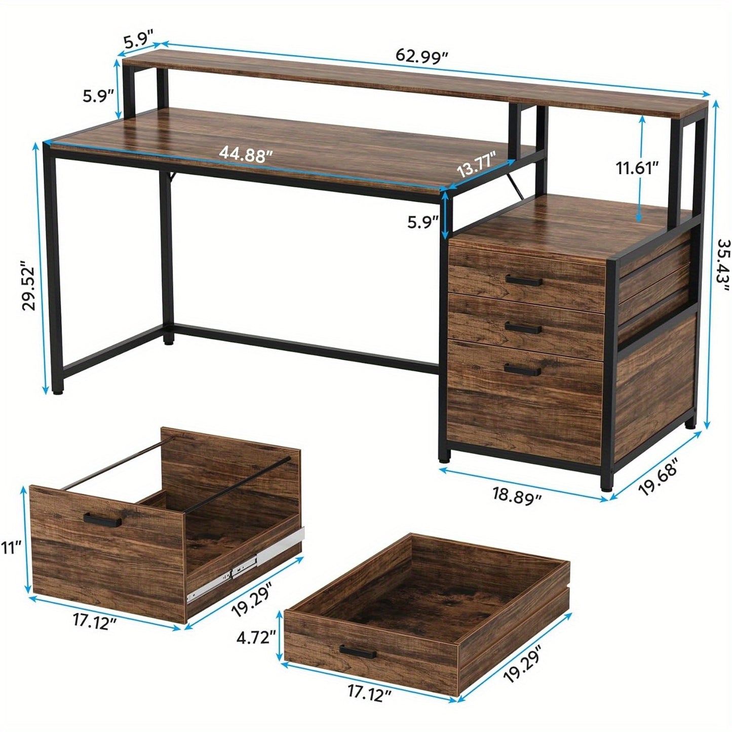 Ergonomisch Thuiswerkbureau – Bureau – Computerbureau – Werkplek – Schrijftafel – Rustic Brown – Met Monitorverhoger – 160 cm Breed – Stabiel Hout & Staal – 3 Lades en Ruime Opbergruimte