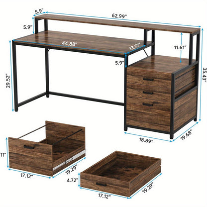 Ergonomisch Thuiswerkbureau – Bureau – Computerbureau – Werkplek – Schrijftafel – Rustic Brown – Met Monitorverhoger – 160 cm Breed – Stabiel Hout & Staal – 3 Lades en Ruime Opbergruimte