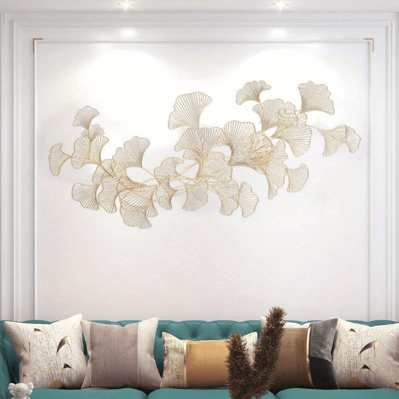 Ginkgo Bladeren Wanddecoratie – 3D Muurdecoratie – Handgemaakte Metaal Decoratie – Wandkunst – Muurbeeld – Gouden Kleur – Metalen Beeld – Roestvrij – 120x57 cm - QUORE