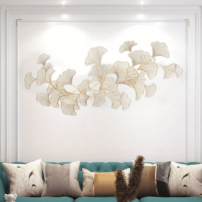 Ginkgo Bladeren Wanddecoratie – 3D Muurdecoratie – Handgemaakte Metaal Decoratie – Wandkunst – Muurbeeld – Gouden Kleur – Metalen Beeld – Roestvrij – 120x57 cm - QUORE