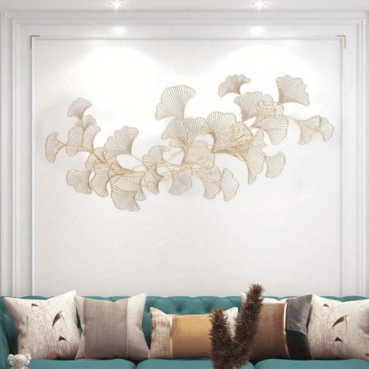 Ginkgo Bladeren Wanddecoratie – 3D Muurdecoratie – Handgemaakte Metaal Decoratie – Wandkunst – Muurbeeld – Gouden Kleur – Metalen Beeld – Roestvrij – 120x57 cm - QUORE