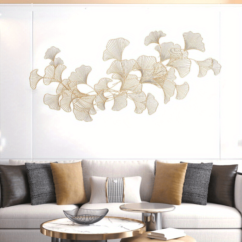 Ginkgo Bladeren Wanddecoratie – 3D Muurdecoratie – Handgemaakte Metaal Decoratie – Wandkunst – Muurbeeld – Gouden Kleur – Metalen Beeld – Roestvrij – 120x57 cm - QUORE
