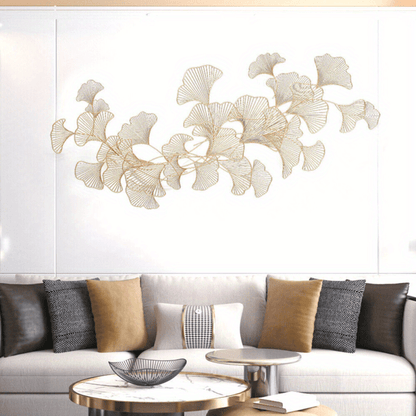 Ginkgo Bladeren Wanddecoratie – 3D Muurdecoratie – Handgemaakte Metaal Decoratie – Wandkunst – Muurbeeld – Gouden Kleur – Metalen Beeld – Roestvrij – 120x57 cm - QUORE
