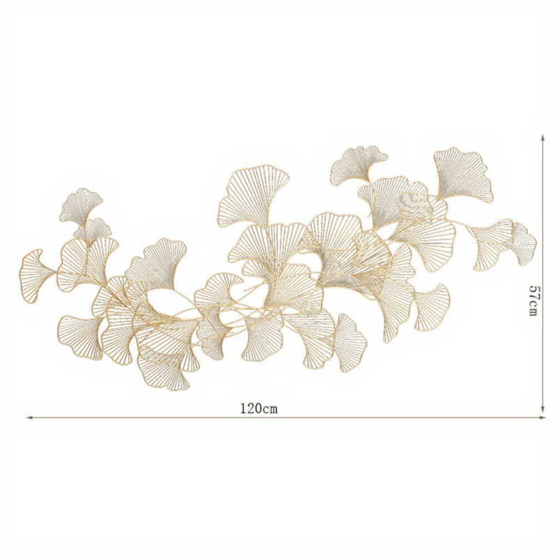 Ginkgo Bladeren Wanddecoratie – 3D Muurdecoratie – Handgemaakte Metaal Decoratie – Wandkunst – Muurbeeld – Gouden Kleur – Metalen Beeld – Roestvrij – 120x57 cm - QUORE