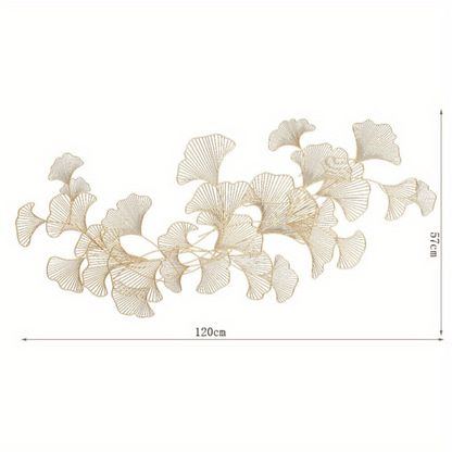 Ginkgo Bladeren Wanddecoratie – 3D Muurdecoratie – Handgemaakte Metaal Decoratie – Wandkunst – Muurbeeld – Gouden Kleur – Metalen Beeld – Roestvrij – 120x57 cm - QUORE