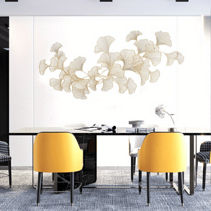 Ginkgo Bladeren Wanddecoratie – 3D Muurdecoratie – Handgemaakte Metaal Decoratie – Wandkunst – Muurbeeld – Gouden Kleur – Metalen Beeld – Roestvrij – 120x57 cm - QUORE