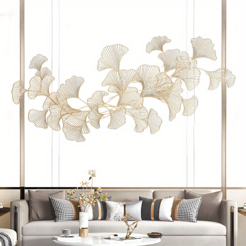Ginkgo Bladeren Wanddecoratie – 3D Muurdecoratie – Handgemaakte Metaal Decoratie – Wandkunst – Muurbeeld – Gouden Kleur – Metalen Beeld – Roestvrij – 120x57 cm - QUORE