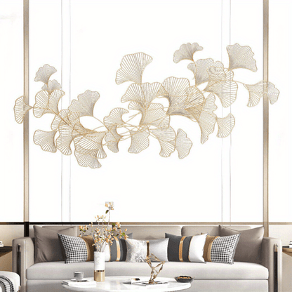 Ginkgo Bladeren Wanddecoratie – 3D Muurdecoratie – Handgemaakte Metaal Decoratie – Wandkunst – Muurbeeld – Gouden Kleur – Metalen Beeld – Roestvrij – 120x57 cm - QUORE