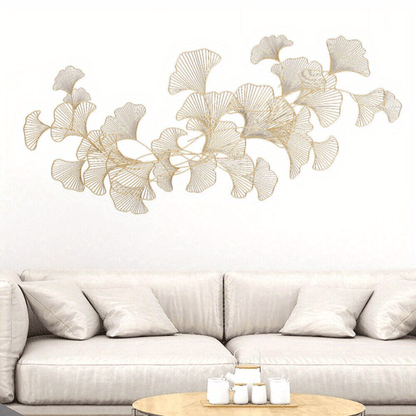 Ginkgo Bladeren Wanddecoratie – 3D Muurdecoratie – Handgemaakte Metaal Decoratie – Wandkunst – Muurbeeld – Gouden Kleur – Metalen Beeld – Roestvrij – 120x57 cm - QUORE