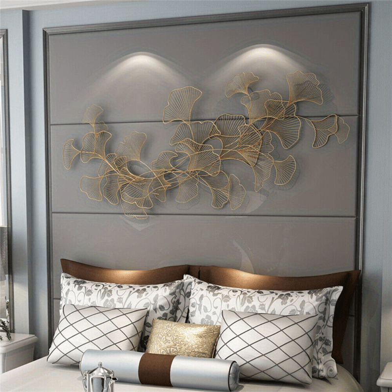 Ginkgo Bladeren Wanddecoratie – 3D Muurdecoratie – Handgemaakte Metaal Decoratie – Wandkunst – Muurbeeld – Gouden Kleur – Metalen Beeld – Roestvrij – 120x57 cm - QUORE