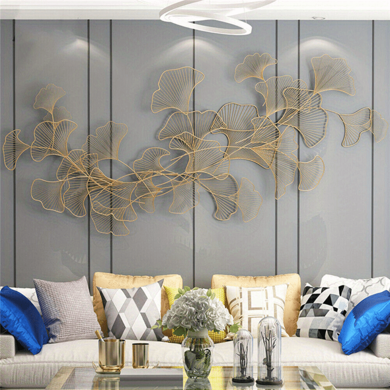 Ginkgo Bladeren Wanddecoratie – 3D Muurdecoratie – Handgemaakte Metaal Decoratie – Wandkunst – Muurbeeld – Gouden Kleur – Metalen Beeld – Roestvrij – 120x57 cm - QUORE
