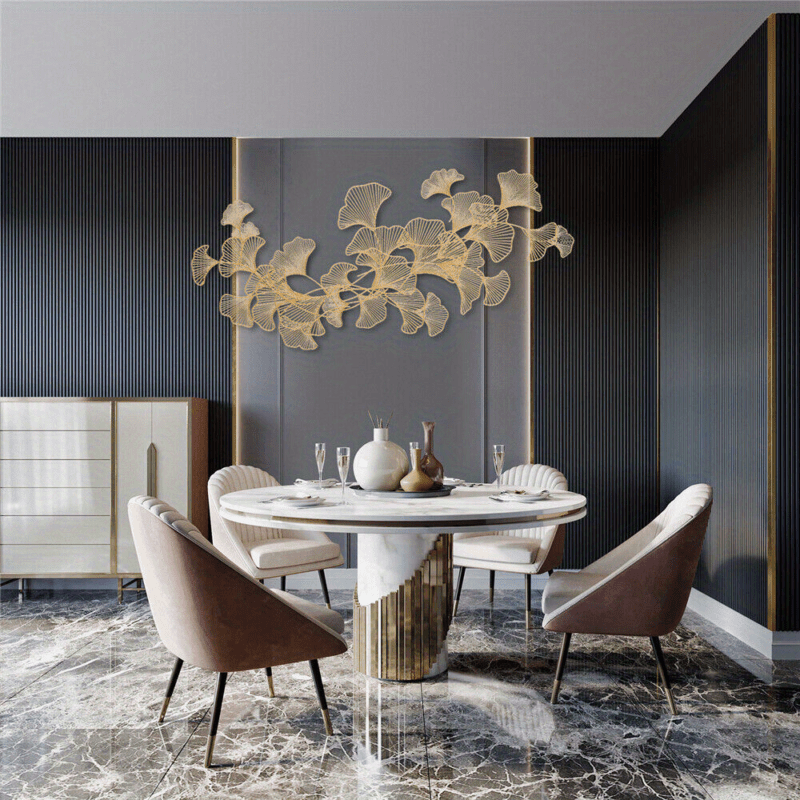 Ginkgo Bladeren Wanddecoratie – 3D Muurdecoratie – Handgemaakte Metaal Decoratie – Wandkunst – Muurbeeld – Gouden Kleur – Metalen Beeld – Roestvrij – 120x57 cm - QUORE