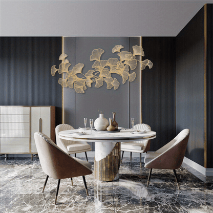 Ginkgo Bladeren Wanddecoratie – 3D Muurdecoratie – Handgemaakte Metaal Decoratie – Wandkunst – Muurbeeld – Gouden Kleur – Metalen Beeld – Roestvrij – 120x57 cm - QUORE