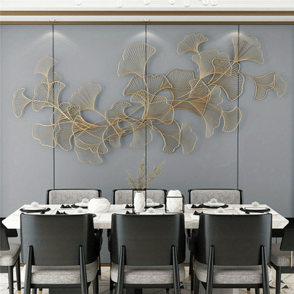 Ginkgo Bladeren Wanddecoratie – 3D Muurdecoratie – Handgemaakte Metaal Decoratie – Wandkunst – Muurbeeld – Gouden Kleur – Metalen Beeld – Roestvrij – 120x57 cm - QUORE