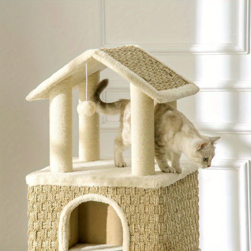 Krabpaal – Kattenboom – Kattenhuis – Kattenklimtoren – Kattenmeubel – 130 cm Hoog – Stevig Spaanplaat – Ruimtebesparend Ontwerp – Beige/Kaki