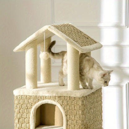 Krabpaal – Kattenboom – Kattenhuis – Kattenklimtoren – Kattenmeubel – 130 cm Hoog – Stevig Spaanplaat – Ruimtebesparend Ontwerp – Beige/Kaki