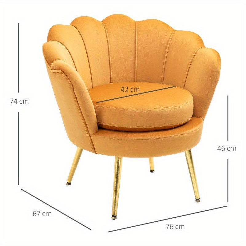 Shell Shape Fauteuil – Loungestoel – Accentstoel – Make-up Kruk – Zitstoel – Gele Velours Bekleding – Metalen Poten – Compact Design