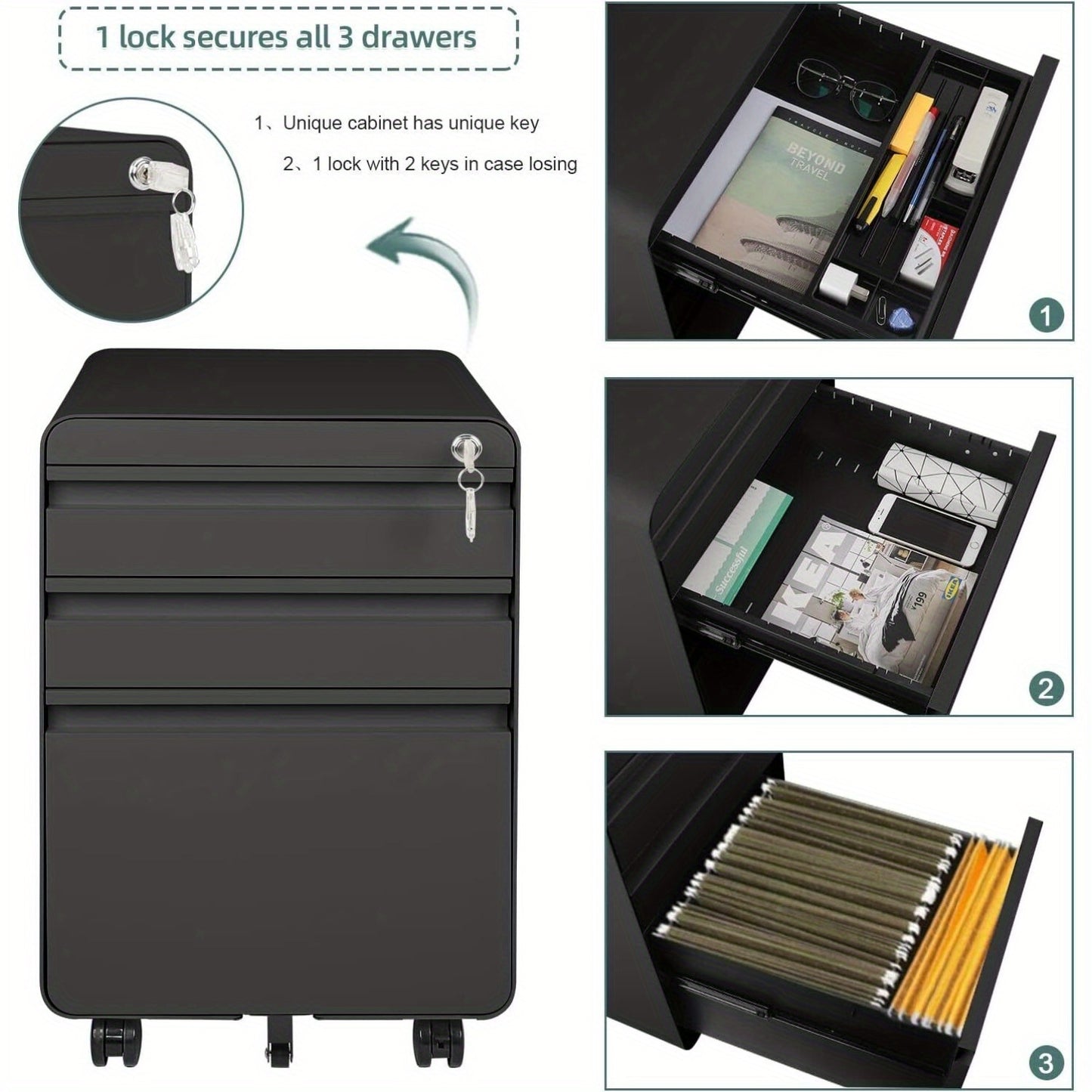Mobiele Ladeblok – Rollende Kast – Ladenblok – Opbergkast – Archiefkast – Gepoedercoat Staal – Anti-Kantel Ontwerp – Met Slot – Verplaatsbaar – Zwart – 3 Laden – Organiser – Hangmappenruimte – Compact – Duurzaam