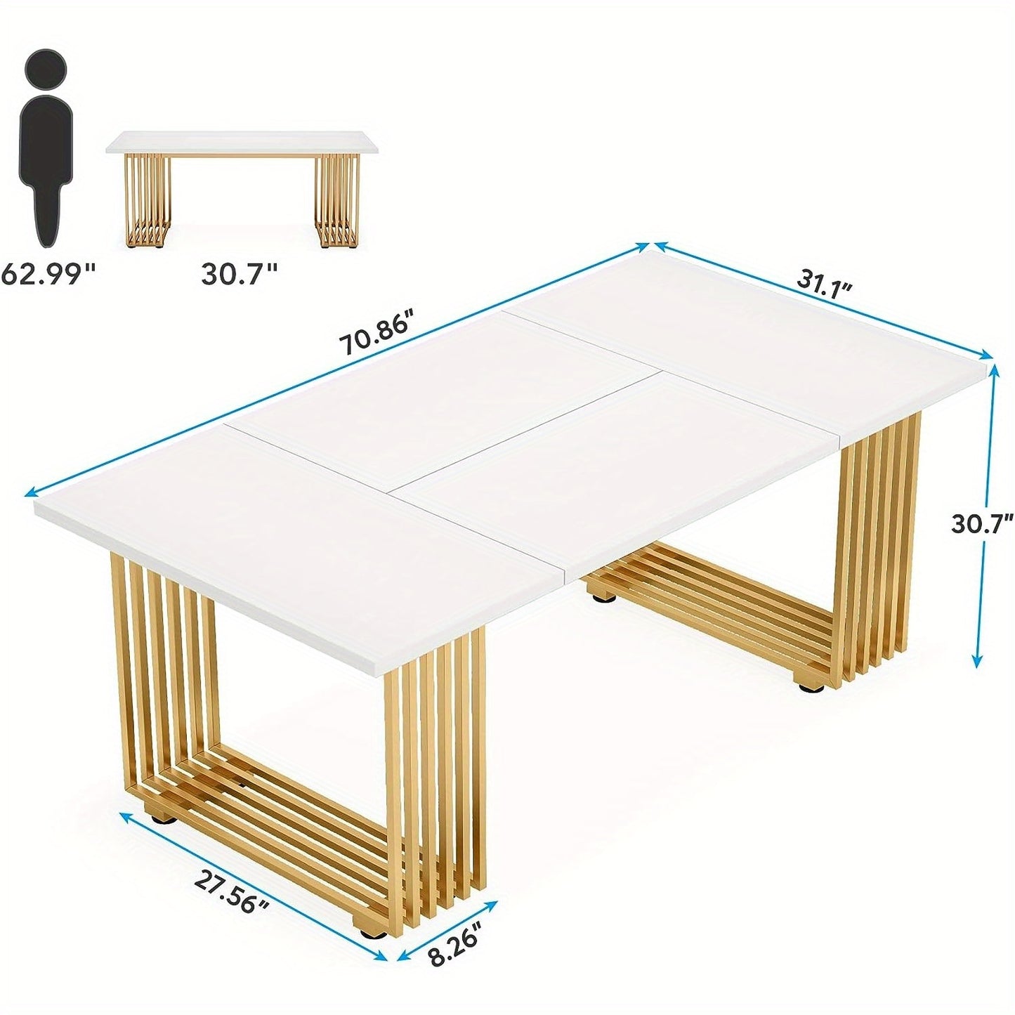 Modern Bureau – Strakke Werkplek – Computertafel – Studietafel – Kantoor Bureau – Wit Met Gouden Metalen Poten – 180 cm Breed – Stevig Engineered Houten Blad