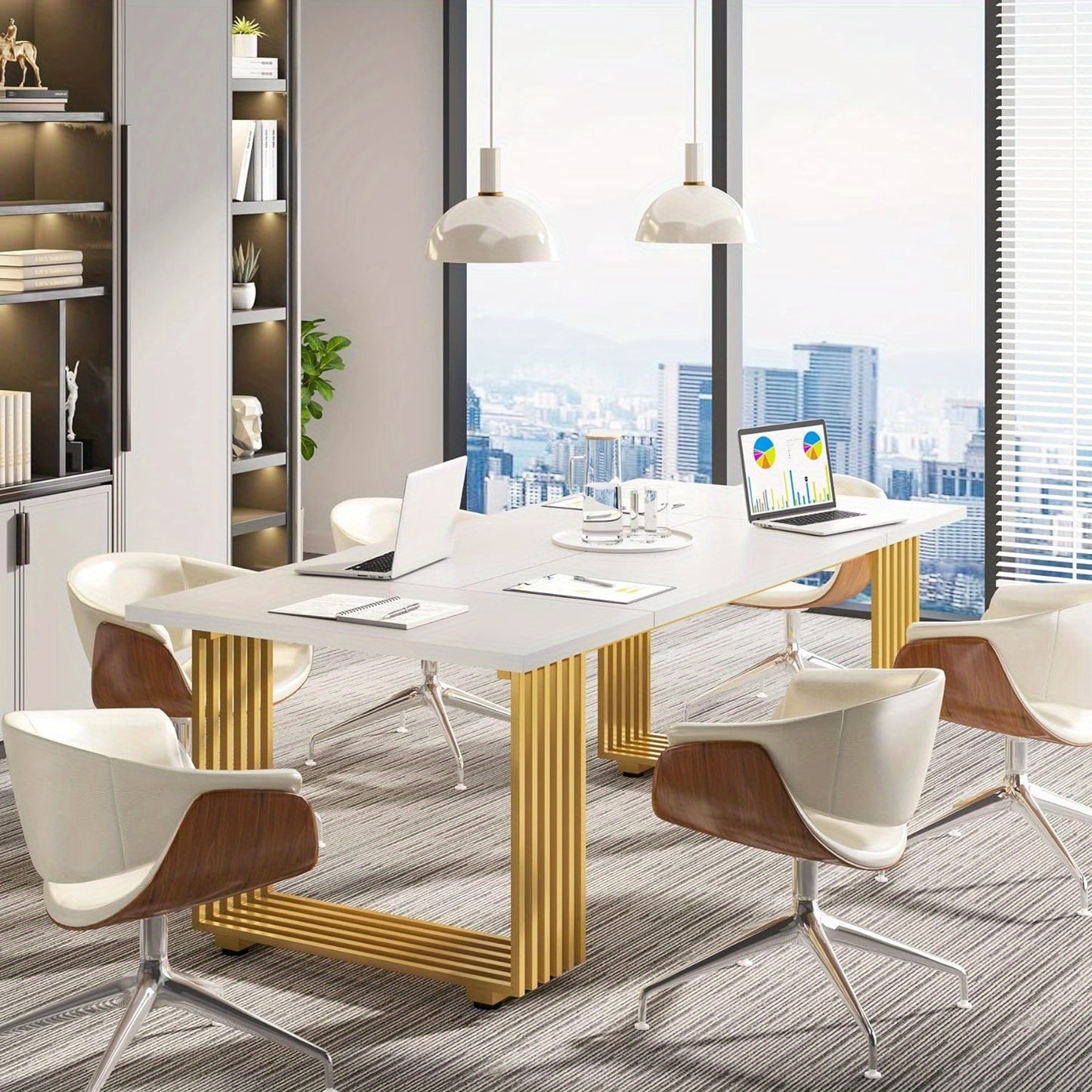 Modern Bureau – Strakke Werkplek – Computertafel – Studietafel – Kantoor Bureau – Wit Met Gouden Metalen Poten – 180 cm Breed – Stevig Engineered Houten Blad