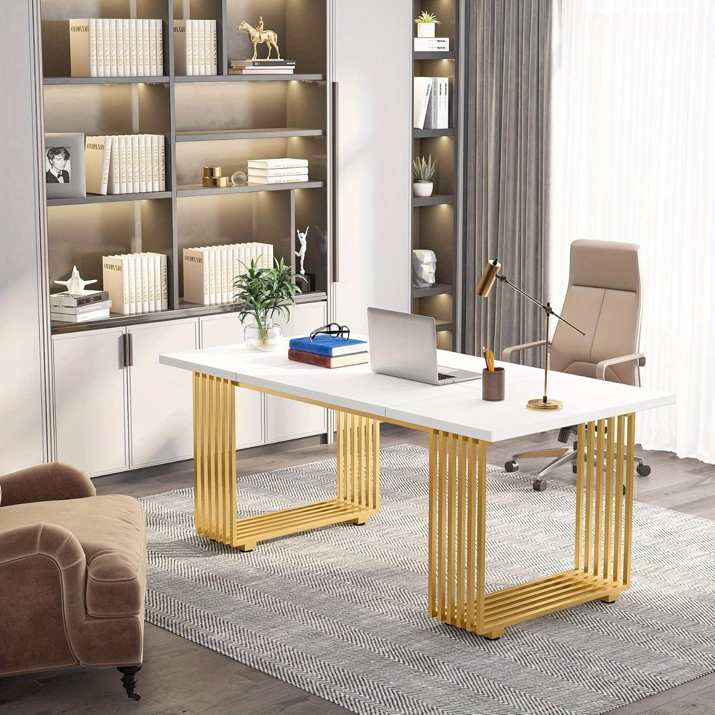 Modern Bureau – Strakke Werkplek – Computertafel – Studietafel – Kantoor Bureau – Wit Met Gouden Metalen Poten – 180 cm Breed – Stevig Engineered Houten Blad