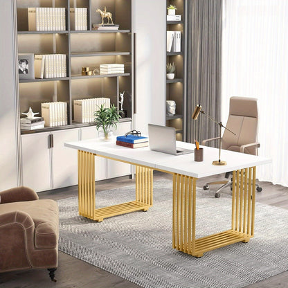 Modern Bureau – Strakke Werkplek – Computertafel – Studietafel – Kantoor Bureau – Wit Met Gouden Metalen Poten – 180 cm Breed – Stevig Engineered Houten Blad