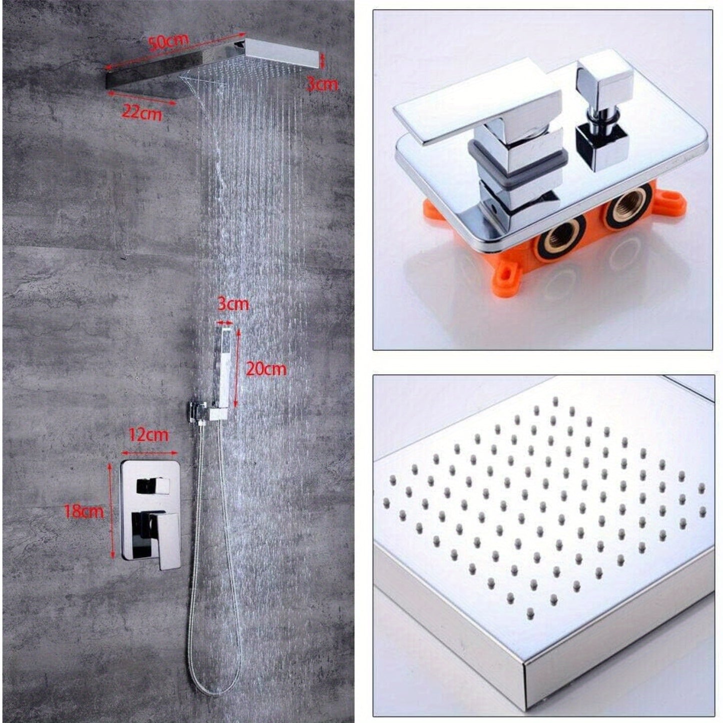 Regendoucheset – Douche Set – Regenkraan – Douchesysteem – Douchekop – Vierkant Design – Messing Met Zilveren Afwerking – Inbouwframe Met Eenvoudige Wandmontage