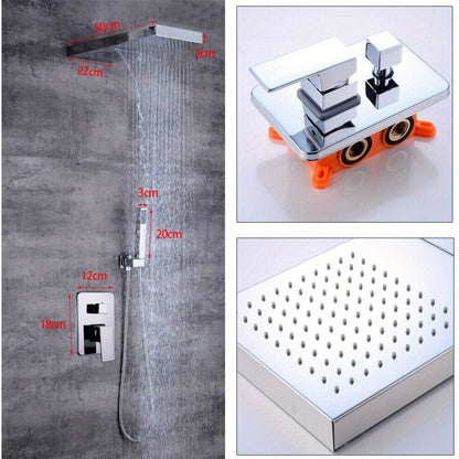 Regendoucheset – Douche Set – Regenkraan – Douchesysteem – Douchekop – Vierkant Design – Messing Met Zilveren Afwerking – Inbouwframe Met Eenvoudige Wandmontage