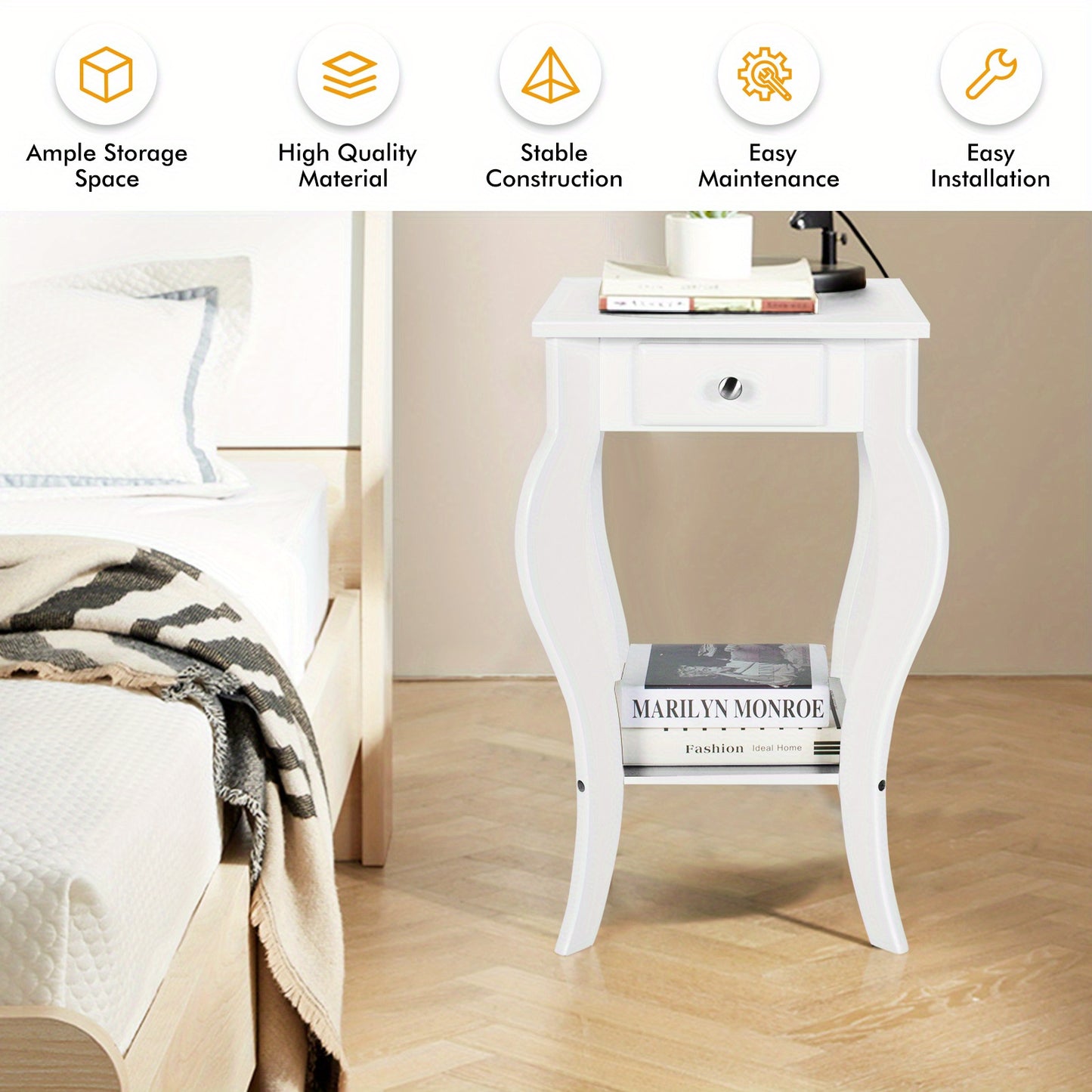 Nachtkastje – Bijzettafel – Ladekastje – Wandkastje – Opbergmeubel – Wit MDF – Compact formaat onder 70 cm