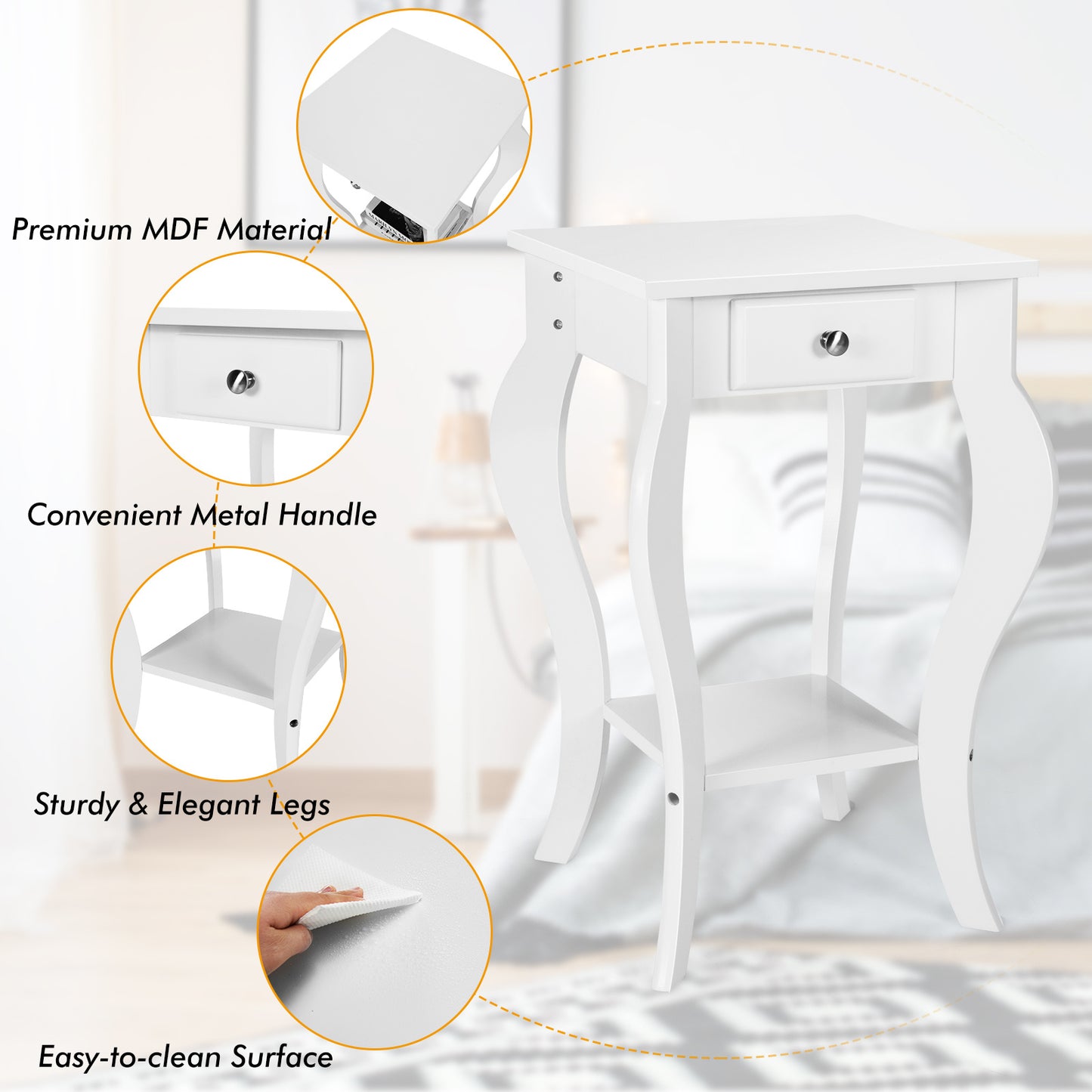 Nachtkastje – Bijzettafel – Ladekastje – Wandkastje – Opbergmeubel – Wit MDF – Compact formaat onder 70 cm