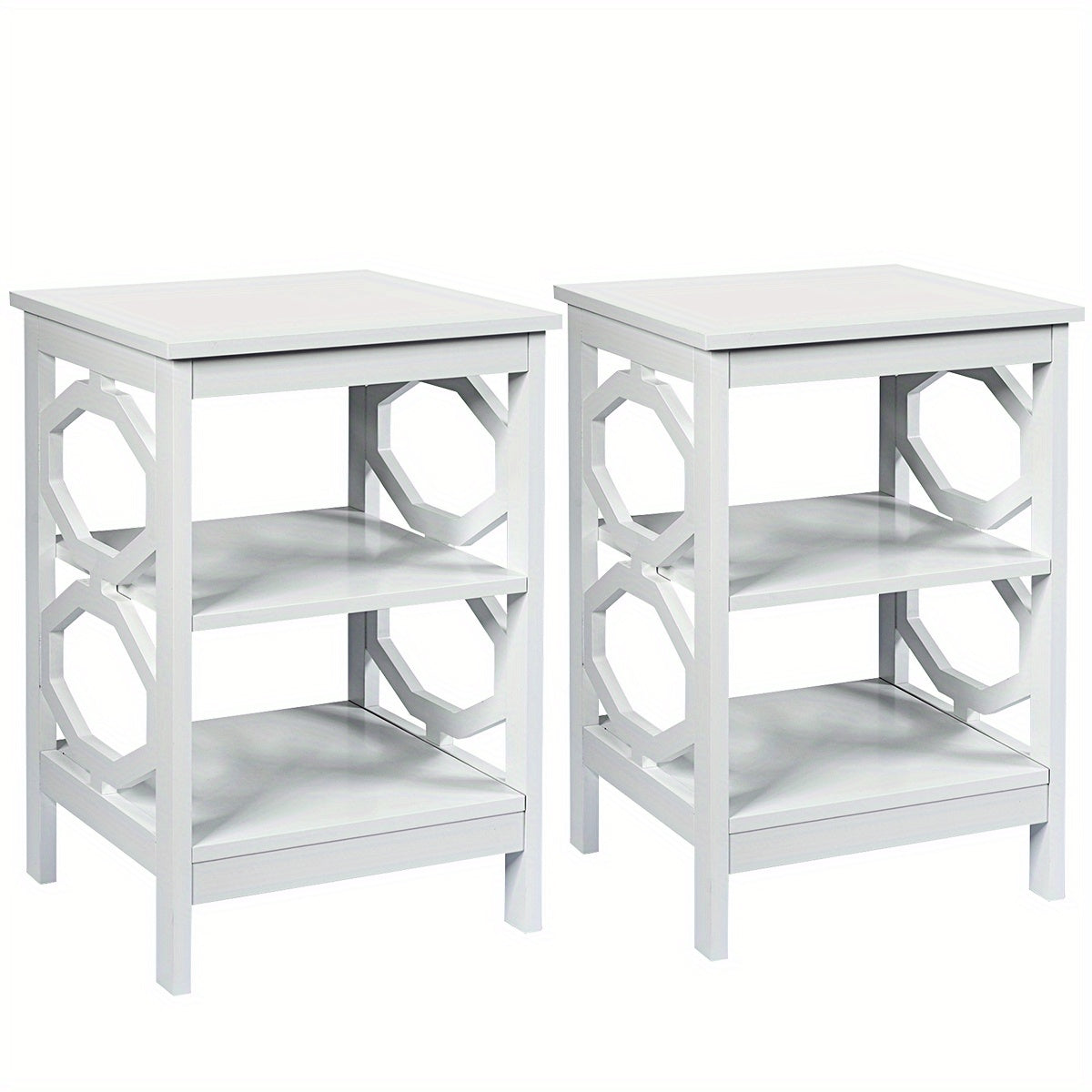 Nachtkastje – Bijzettafel – Zijkastje – Nachtkast – Opbergkastje – Set van 2 – Wit – Modern – 3-laags – MDF en Massief Hout – Waterbestendig – Krasbestendige Poten